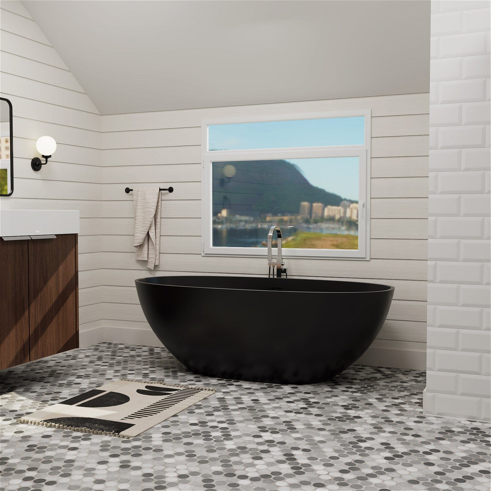 55" Solid Surface Stone Resin Oval-shaped Freestanding Soaking Bathtub with Overflow