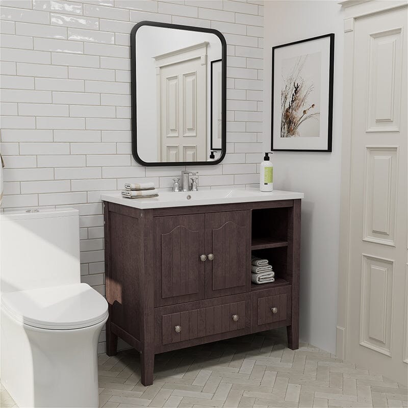 36" Brown Bathroom Vanity with Ceramic Basin, Bathroom Storage Cabinet with Two Doors and Drawers