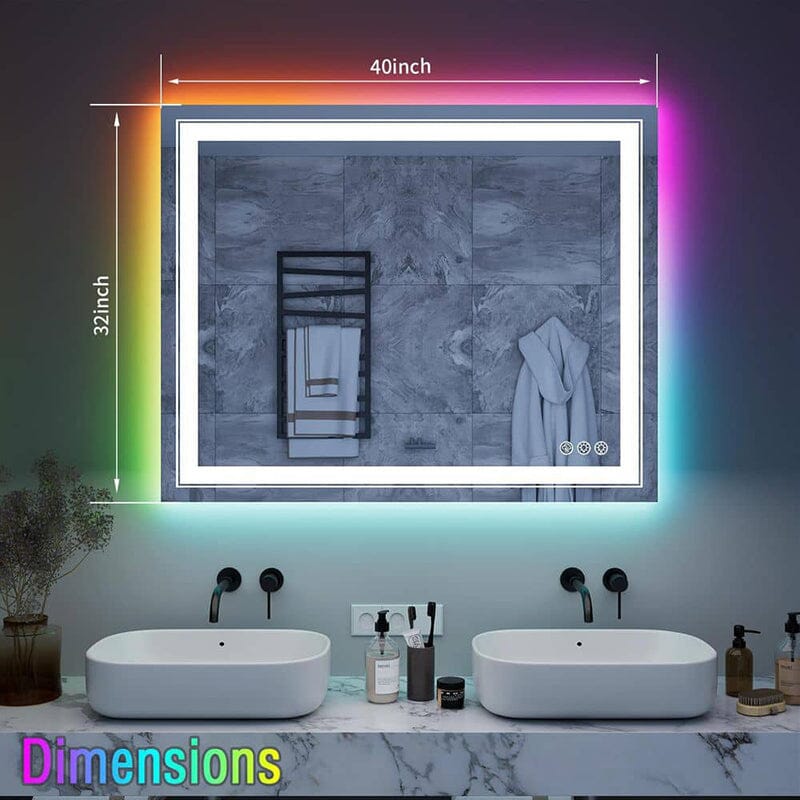 36“/48” RGB LED Light Bathroom Vanity Mirror Rectangular Frameless Anti Fog