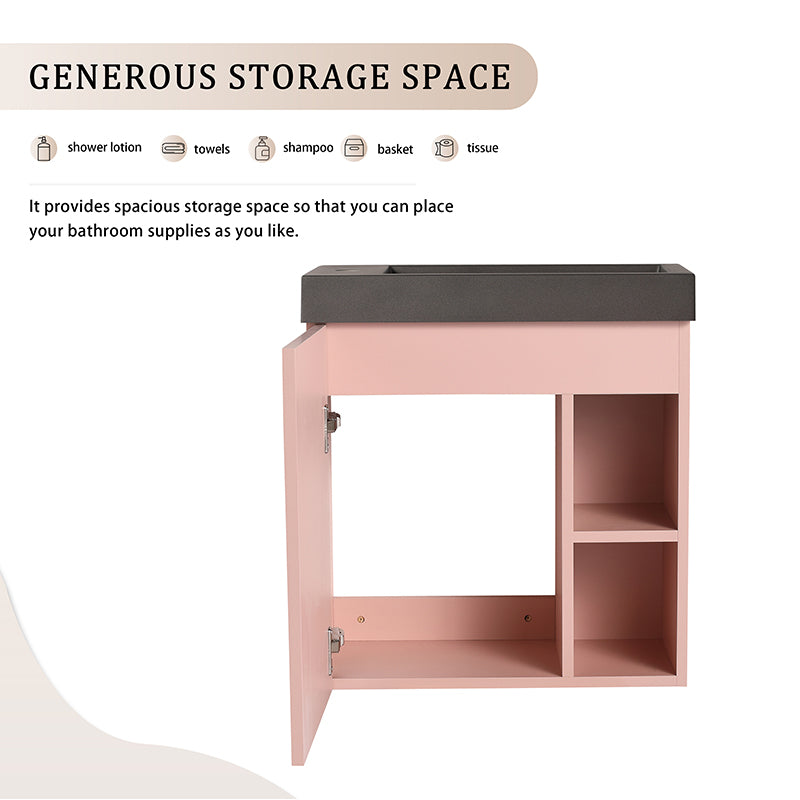 Mueble de baño flotante de 20 pulgadas para montaje en pared con lavabo de resina y puerta de armario con cierre suave.