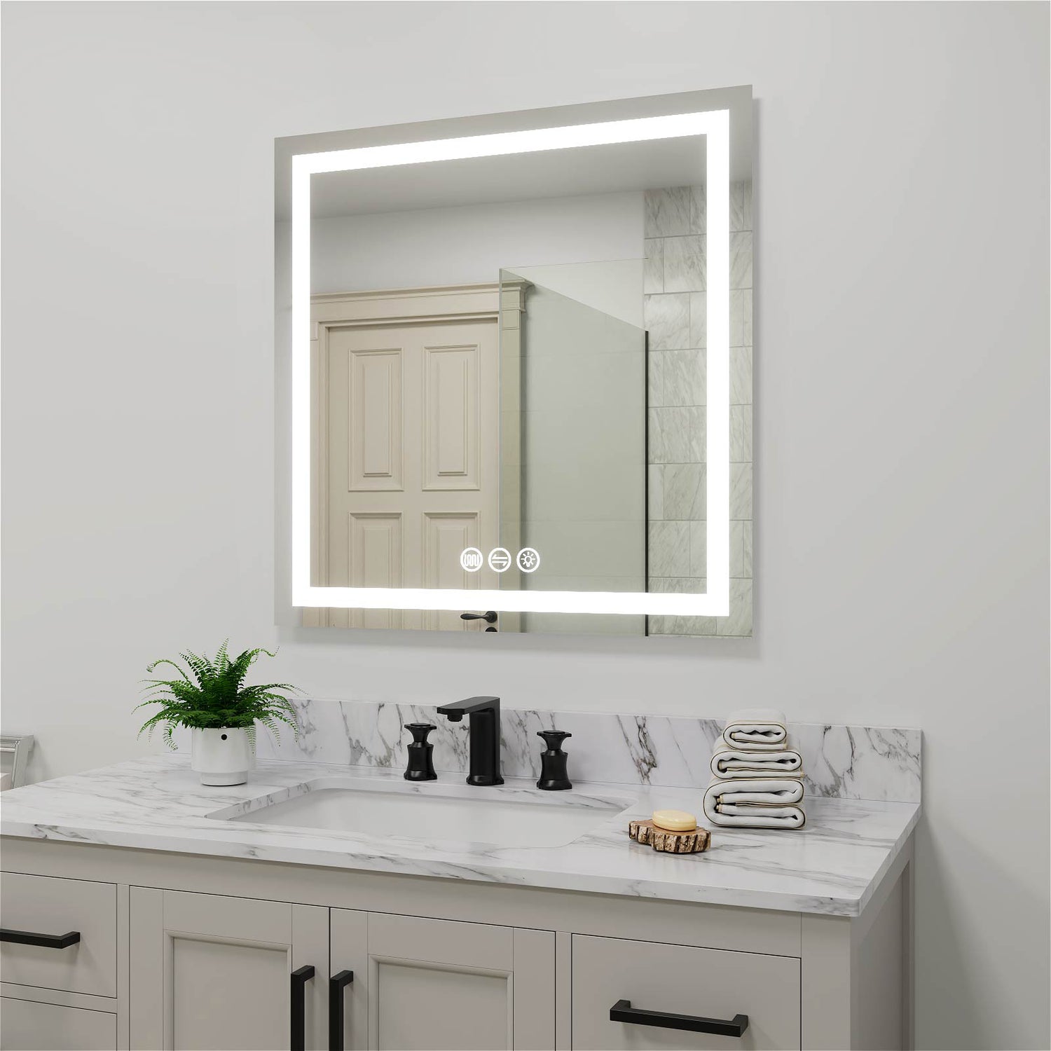 36" x 36" Square Frameless LED Lighted Wall Mount Bathroom Vanity Mirror with Memory Function