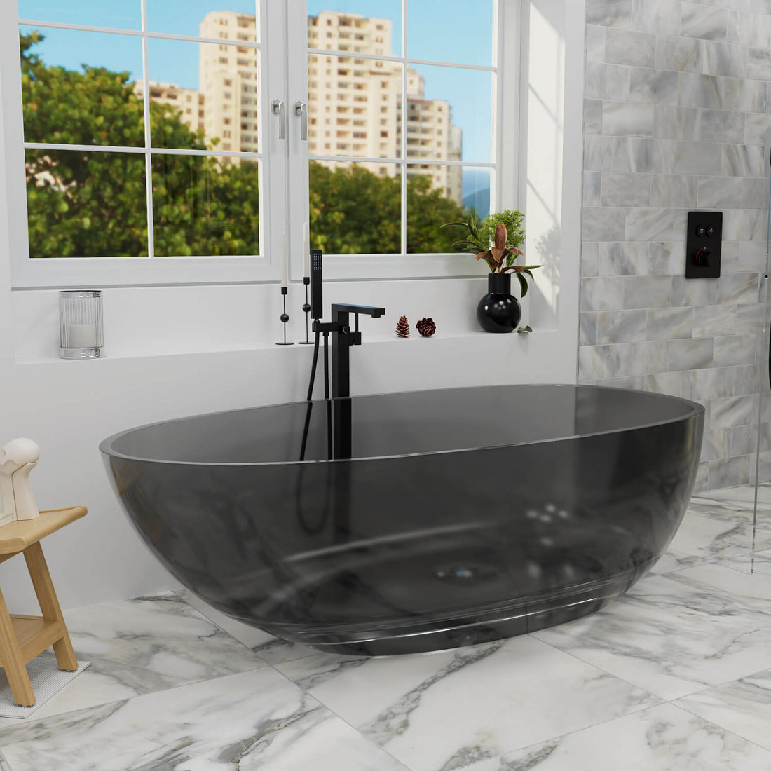 67" Modern Art Resin Tub, Gray Transparent Egg Shape Freestanding Soaking Bathtub for Hotels