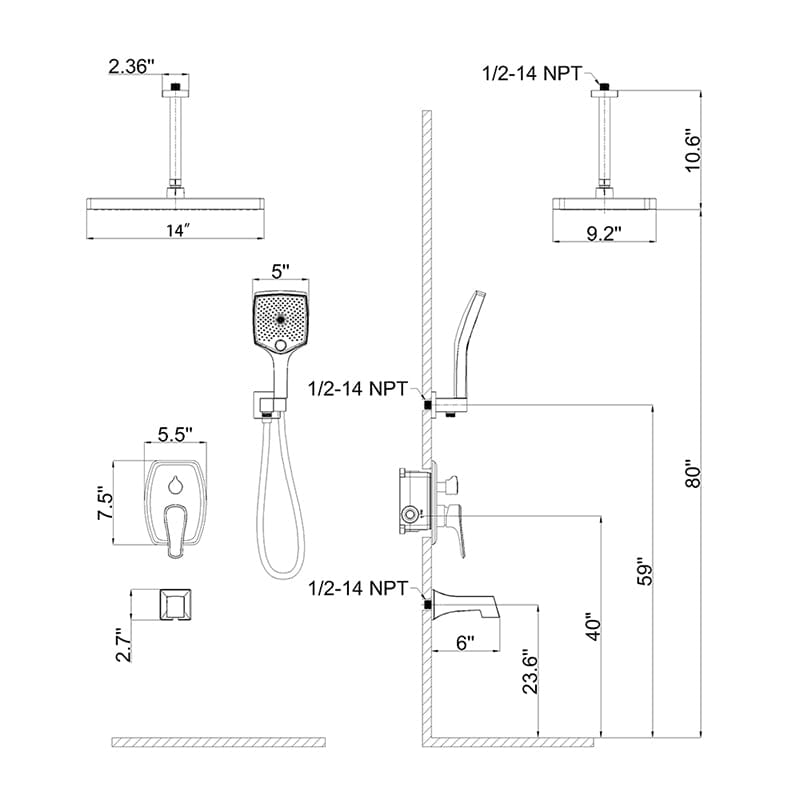 Shower Set 14" Rectangular Ceiling Shower Head with Hand Shower & Tub Spout