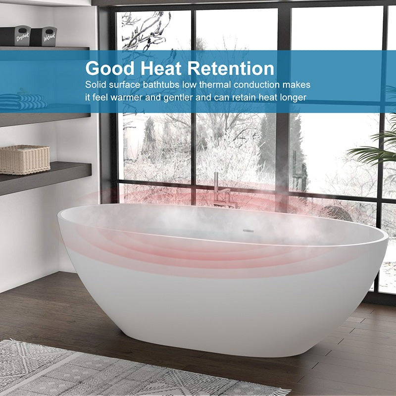 71" Solid Surface Stone Resin Oval-shaped Freestanding Soaking Bathtub with Overflow