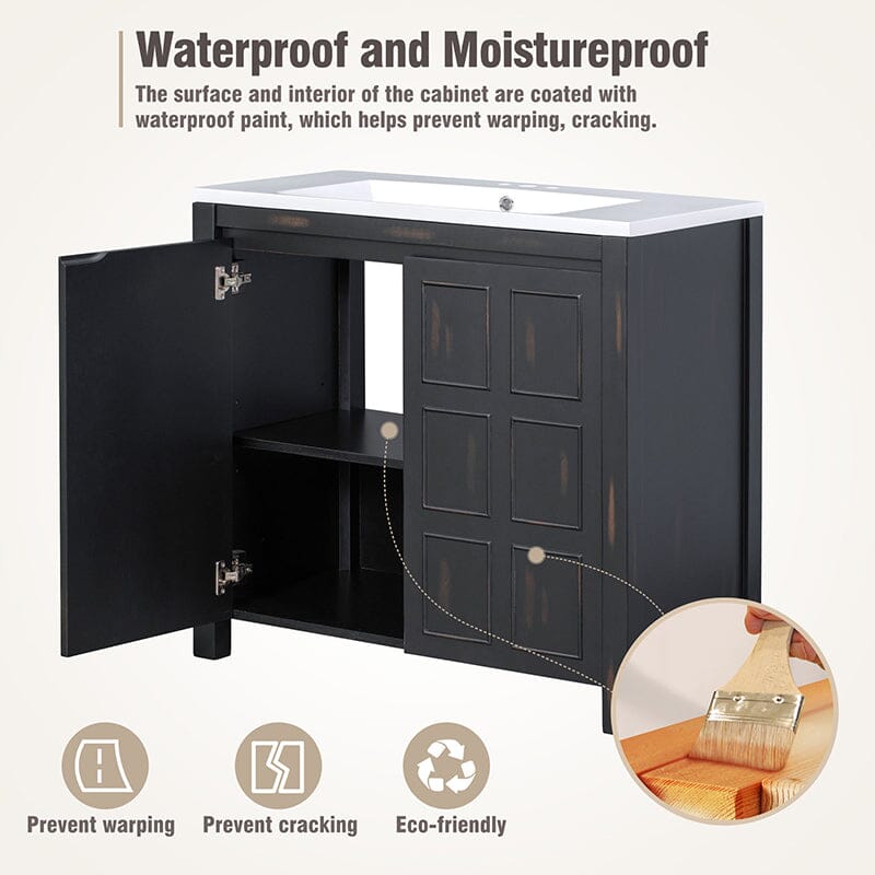 Vintage-inspired bathroom vanity with weathered texture and ample interior storage