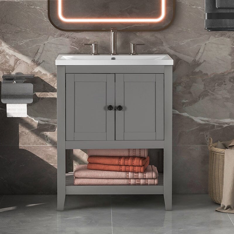 24" Modern Freestanding Bathroom Vanity with Open Style Shelf, Including Ceramic Sink