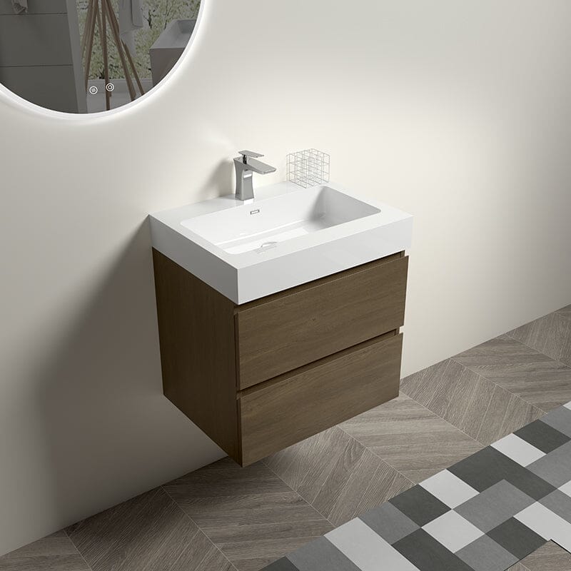 Mueble de baño de roble oscuro de 24 pulgadas con lavabo, de una sola pieza, para montaje en pared.