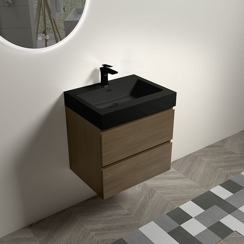 Mueble de baño de roble oscuro de 24 pulgadas con lavabo, de una sola pieza, para montaje en pared.