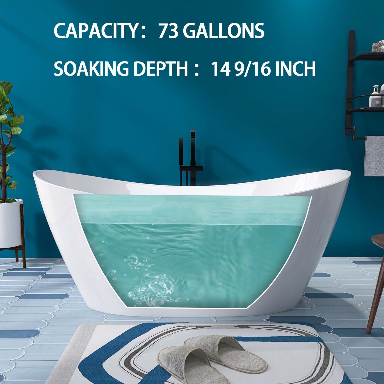 Water Capacity Diagram for a 68" Double Slipper Acrylic Soaking Tub