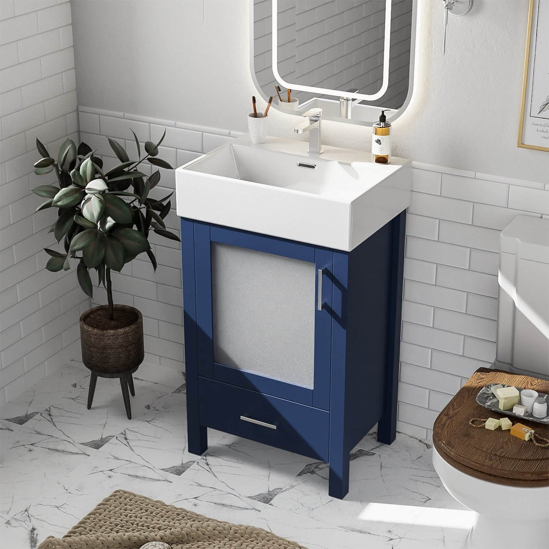 20-inch blue vanity with frosted glass door for modern bathrooms