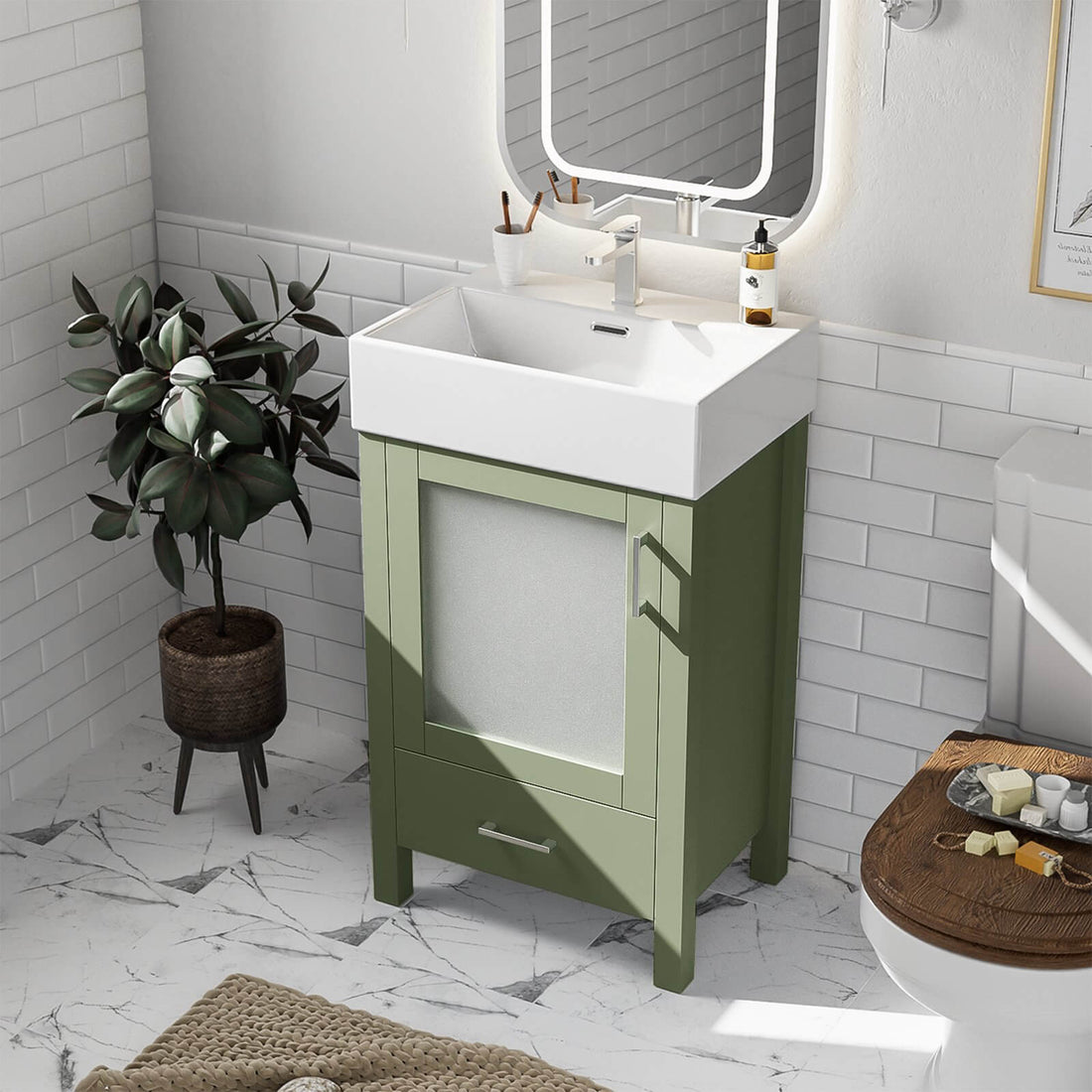 20-inch green bathroom vanity with integrated ceramic sink and frosted glass