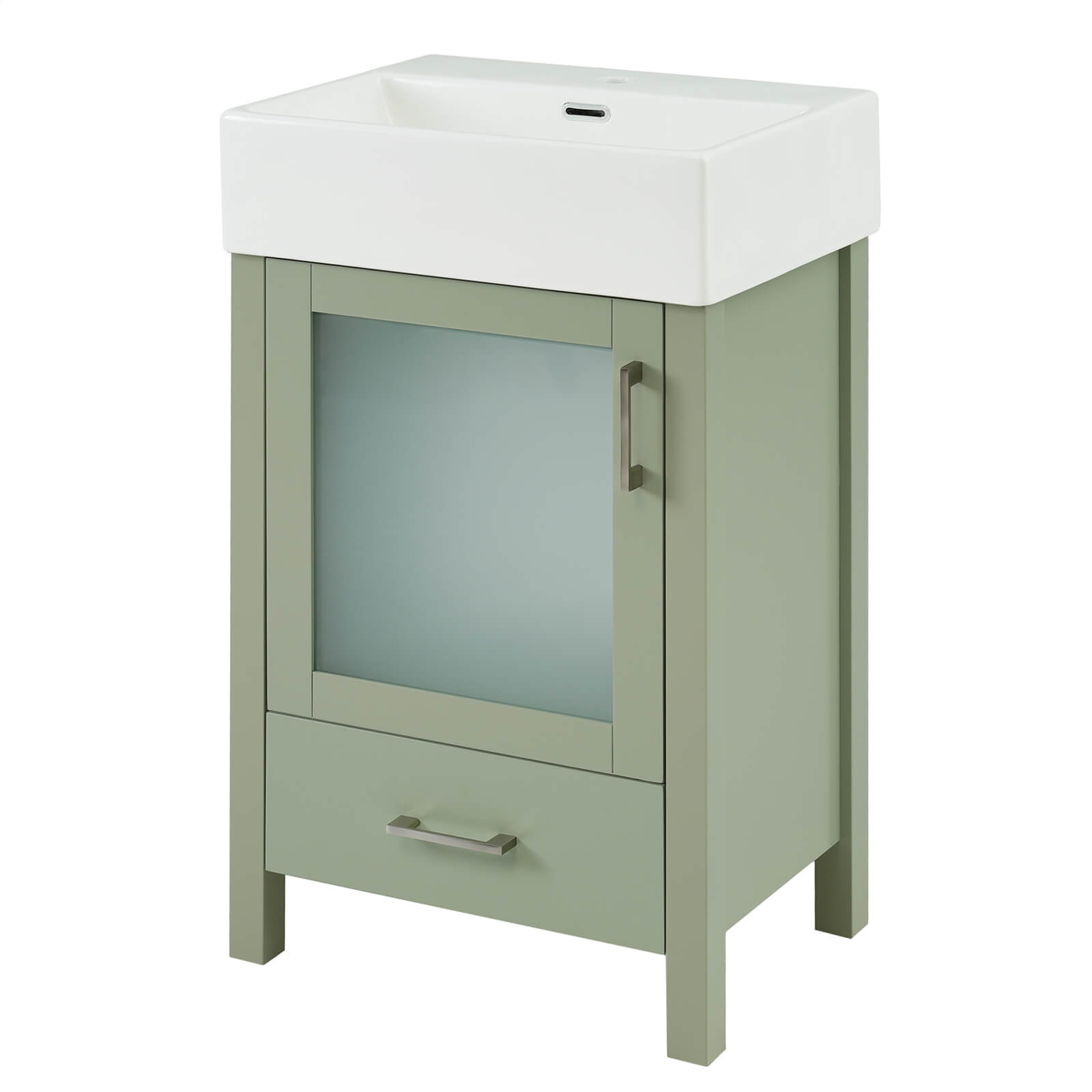 20-inch green vanity with modern frosted glass door and storage