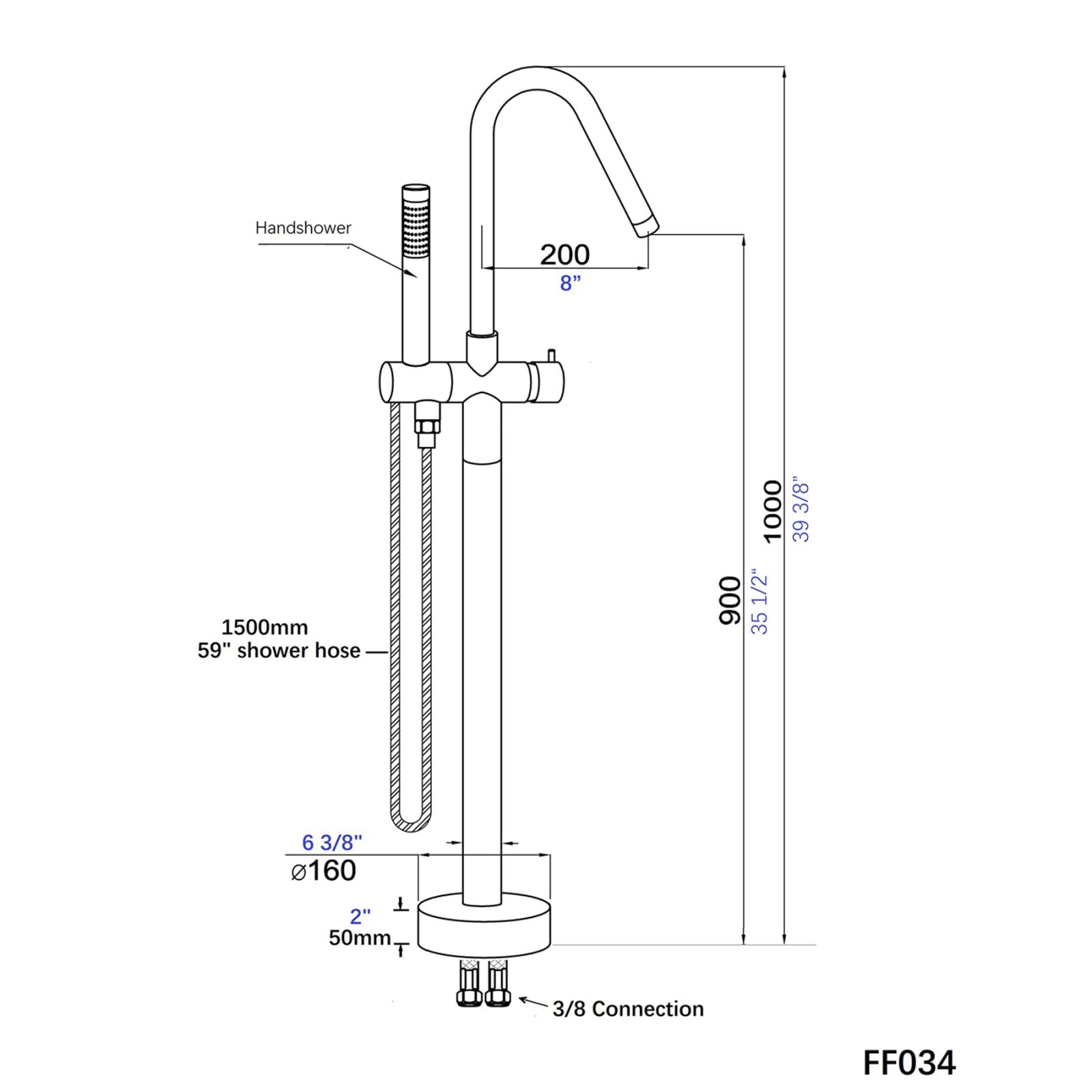 38" Silver Chrome Streamline Freestanding Tub Filler Faucet Dimension