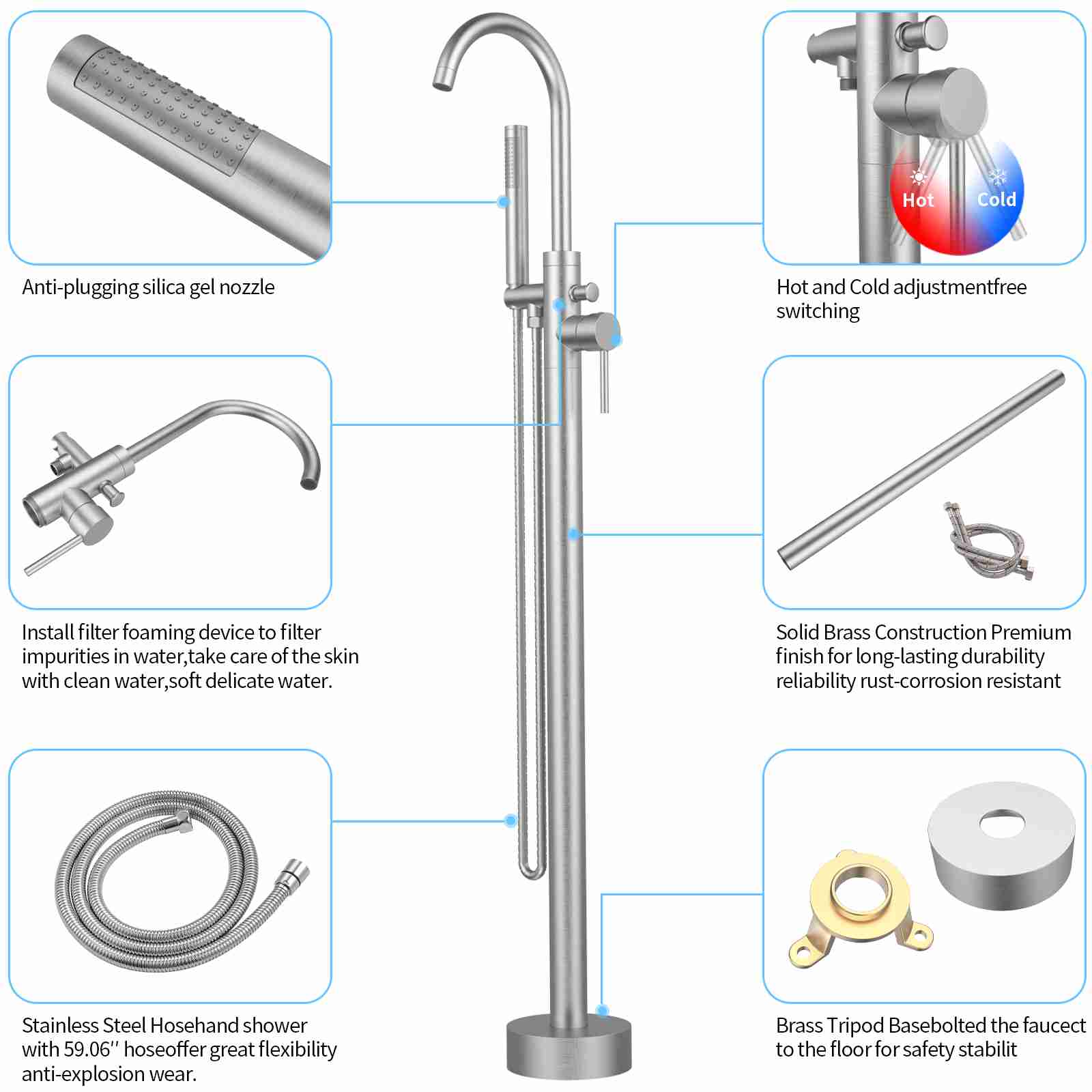 Single Handle Shower Freestanding Tub Filler Faucet, Floor Mounted & Bubble Former Functions