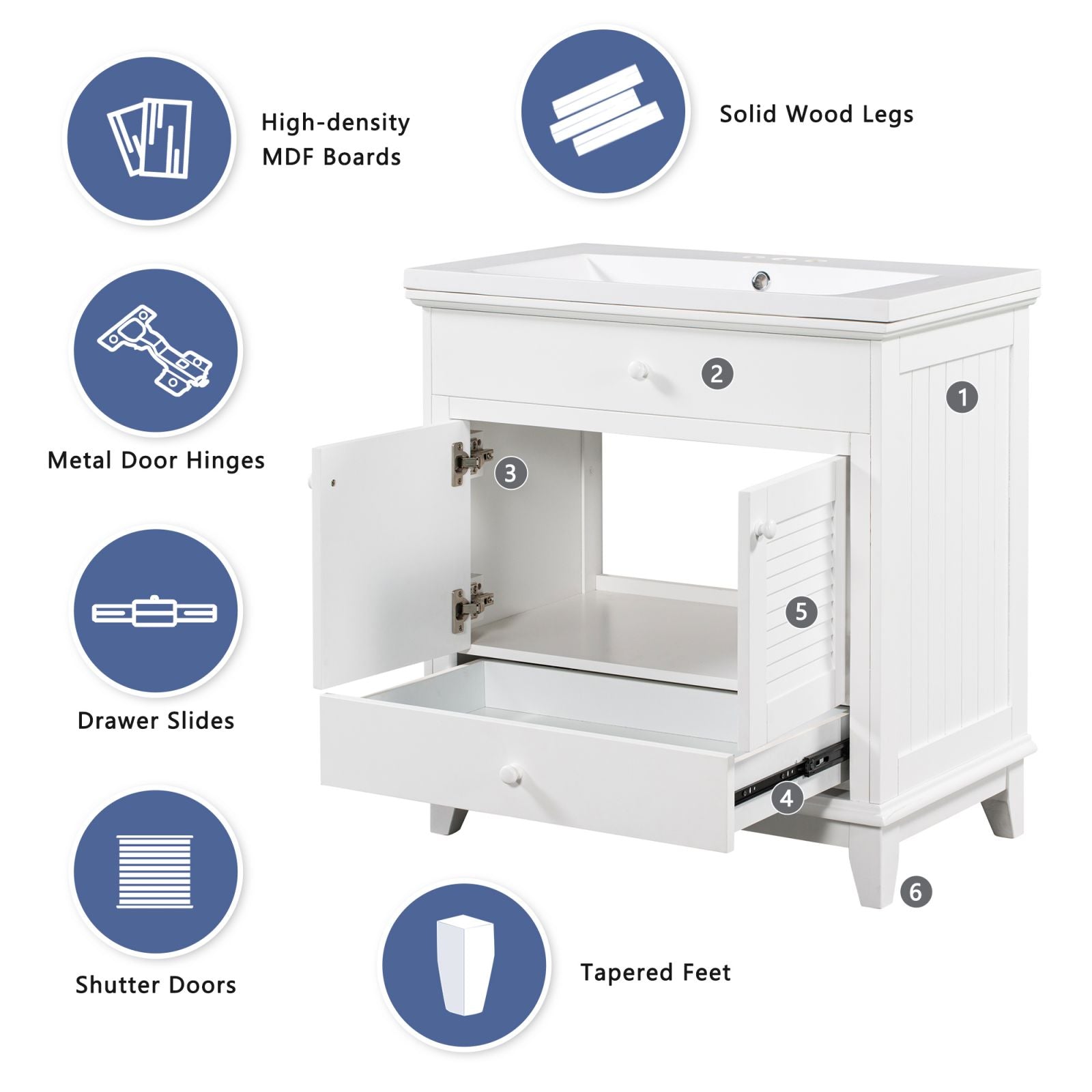 30" white wooden bathroom cabinet features, without sink