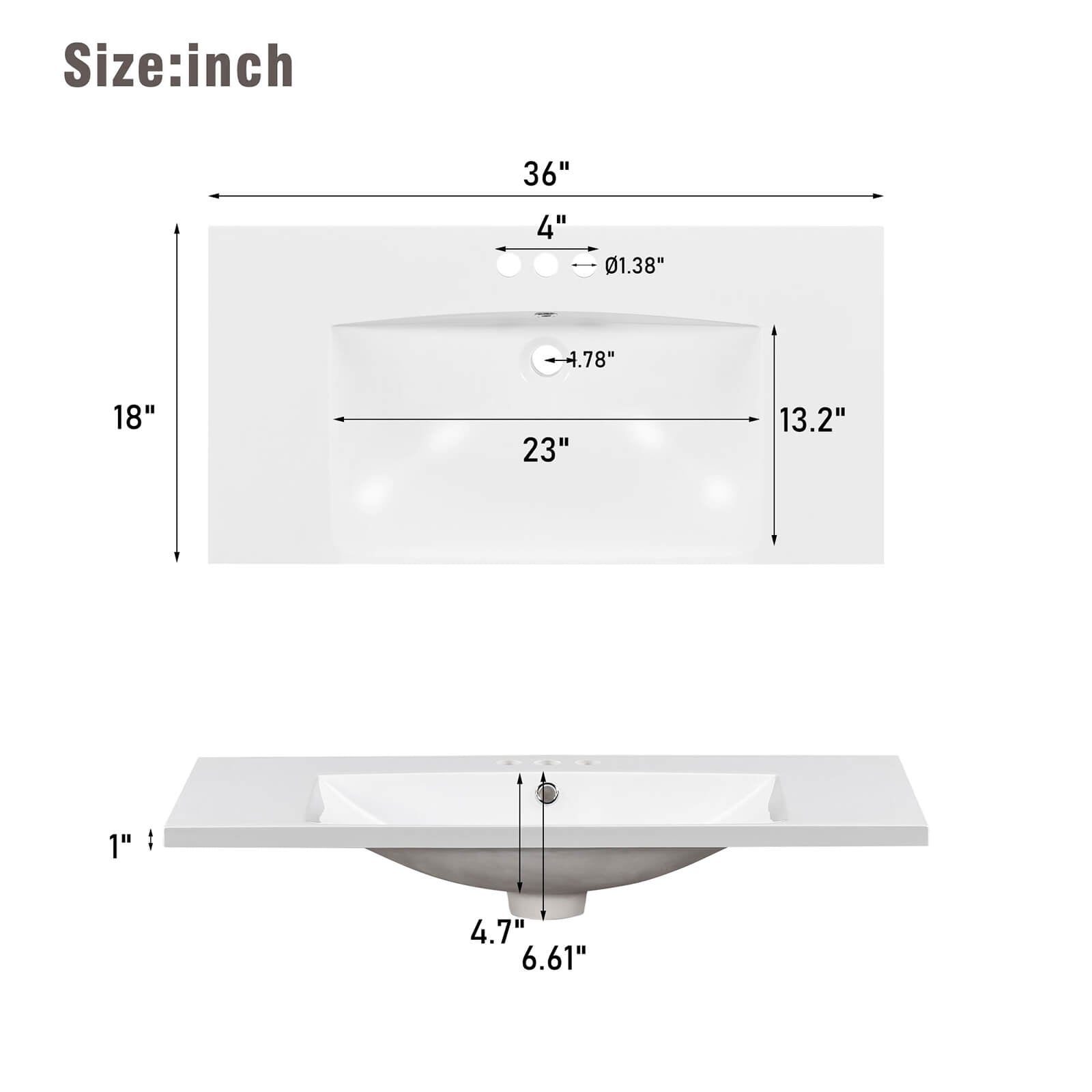 Dimensions of a 36" x 18" bathroom vanity with integrated sink