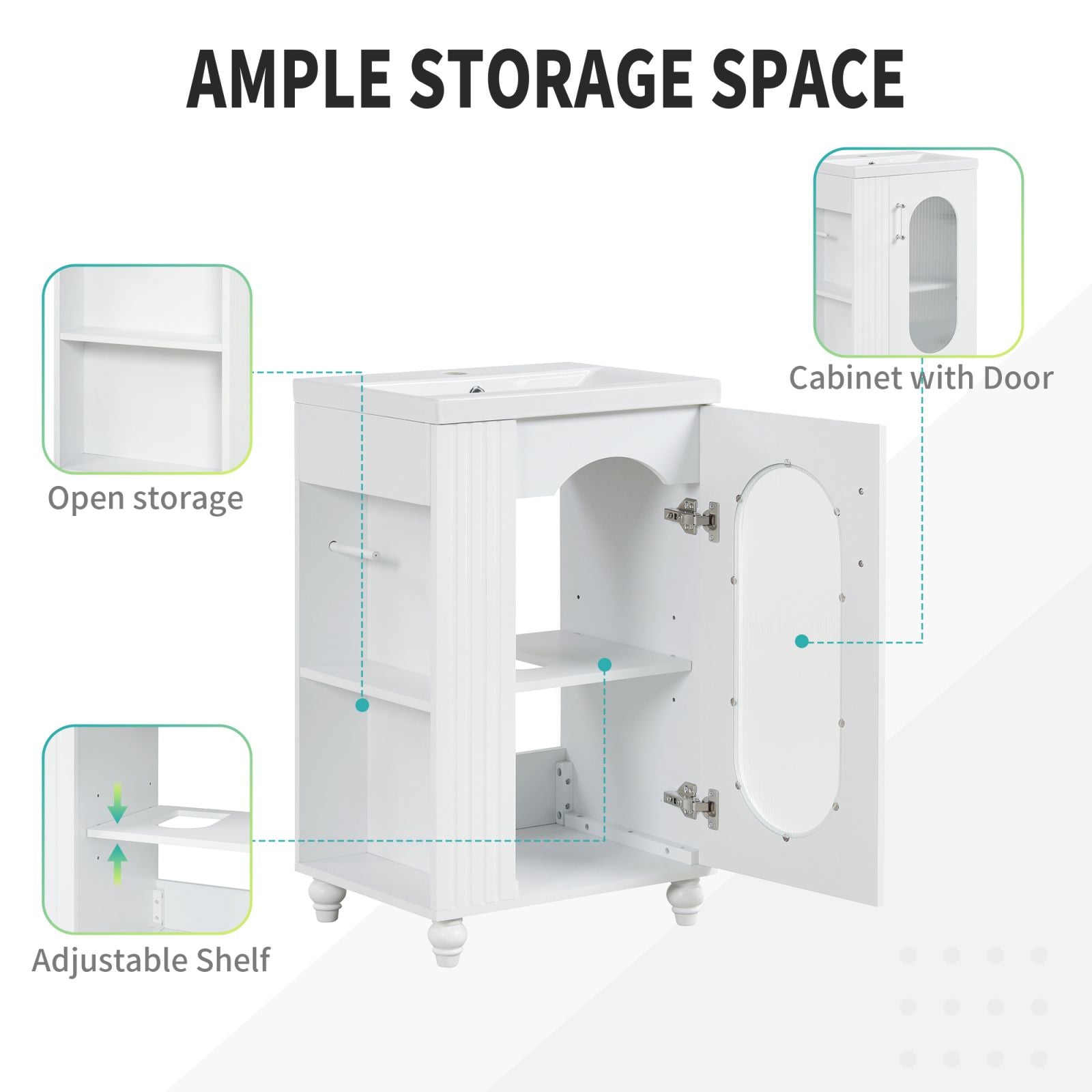 Ample storage space 30" white bathroom vanity