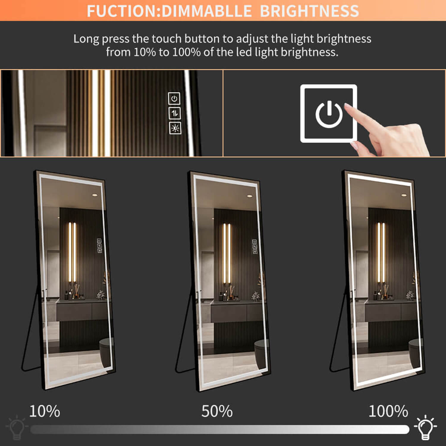 65"x21" LED-Ganzkörperspiegel mit Standfuß, 3-farbig dimmbare Beleuchtung