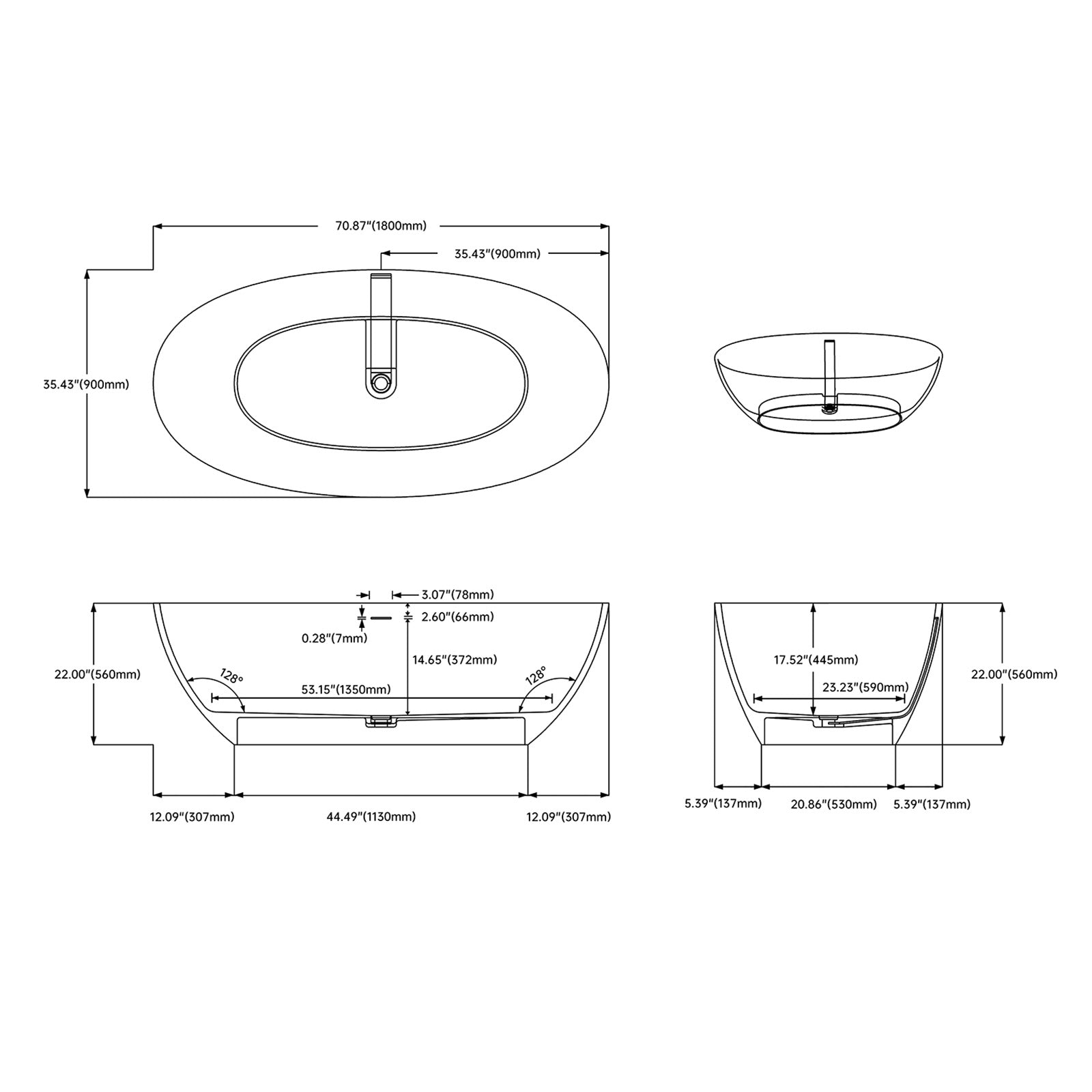 71" Solid Surface Stone Resin Oval-shaped Freestanding Soaking Bathtub with Overflow
