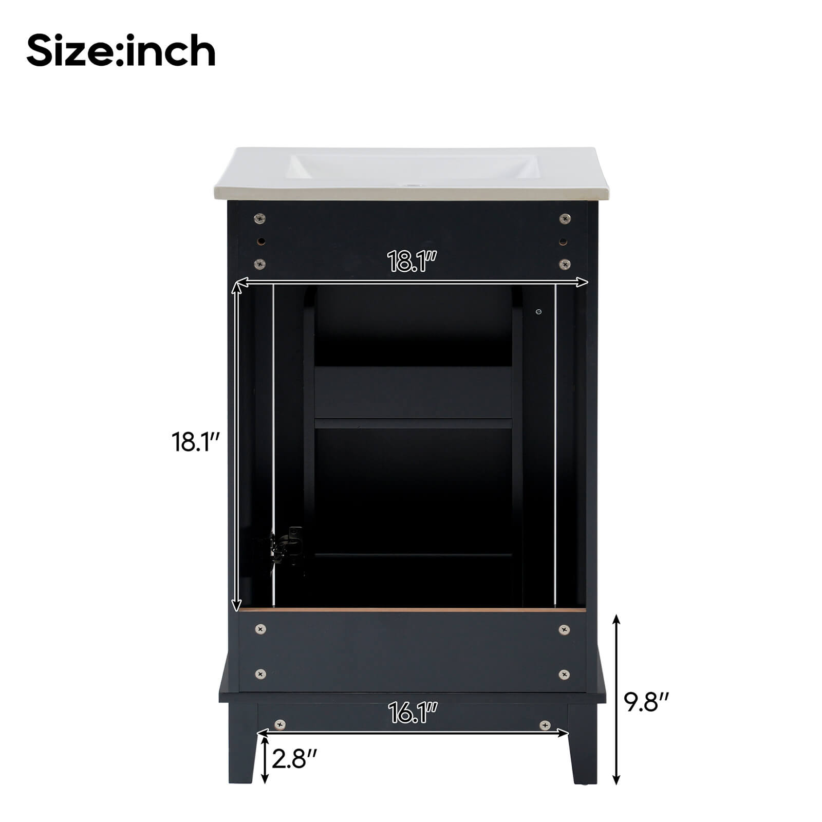 20 Inch Black Single Door Bathroom Vanity Back Dimensions Specifications