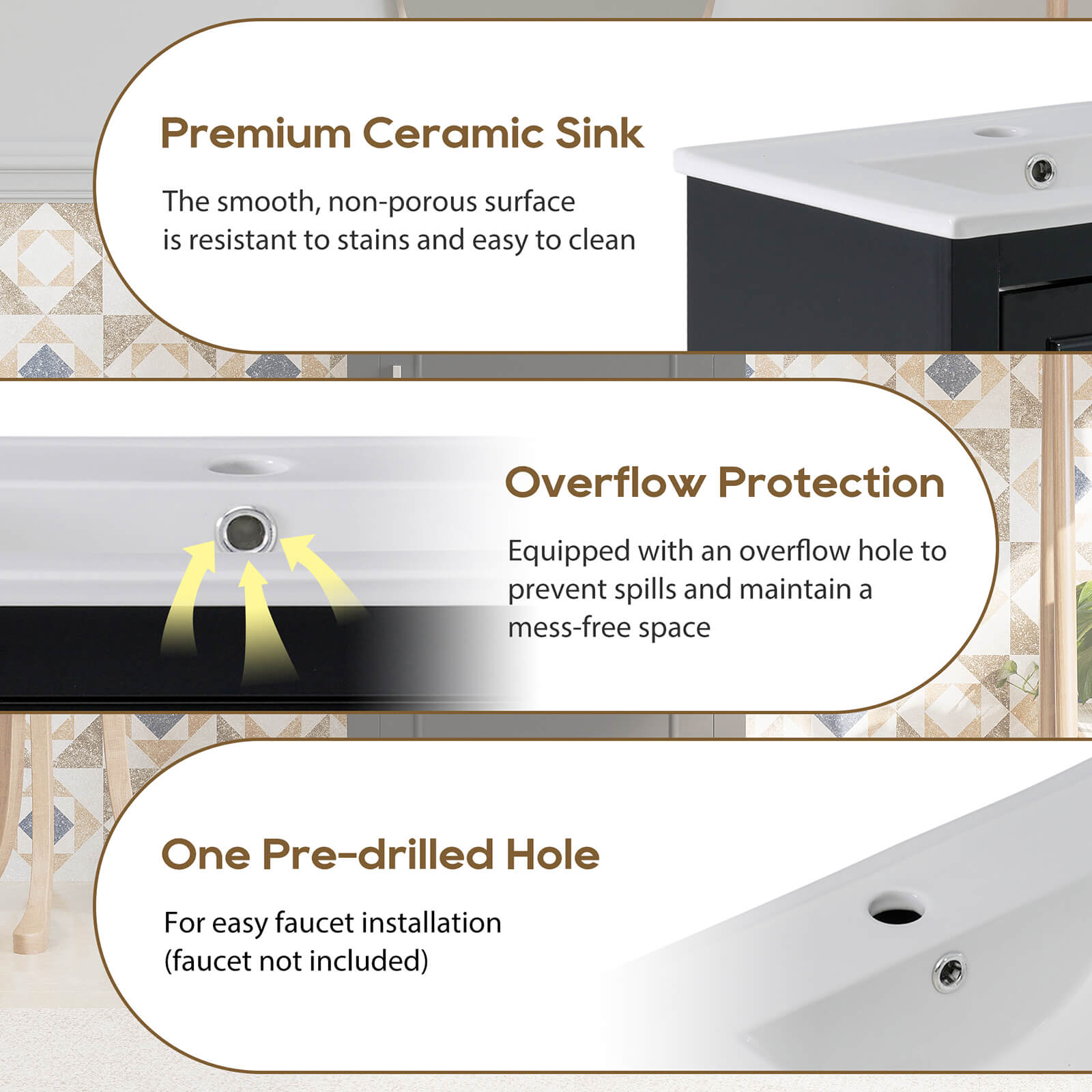 20 Inch Black Single Door Bathroom Vanity Ceramic Sink Details