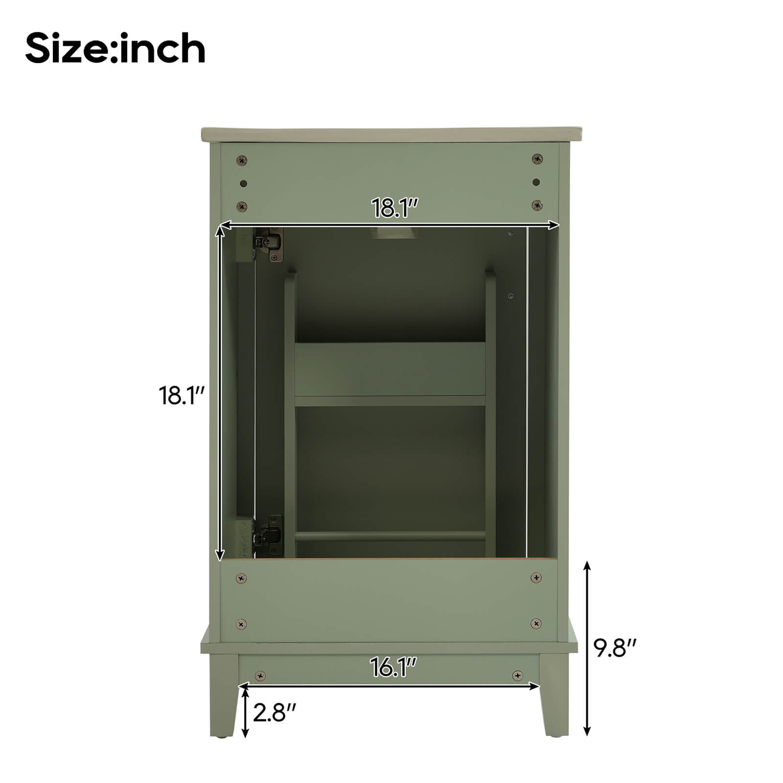 20 Inch Sage Green Single Door Bathroom Vanity Back Dimensions Details