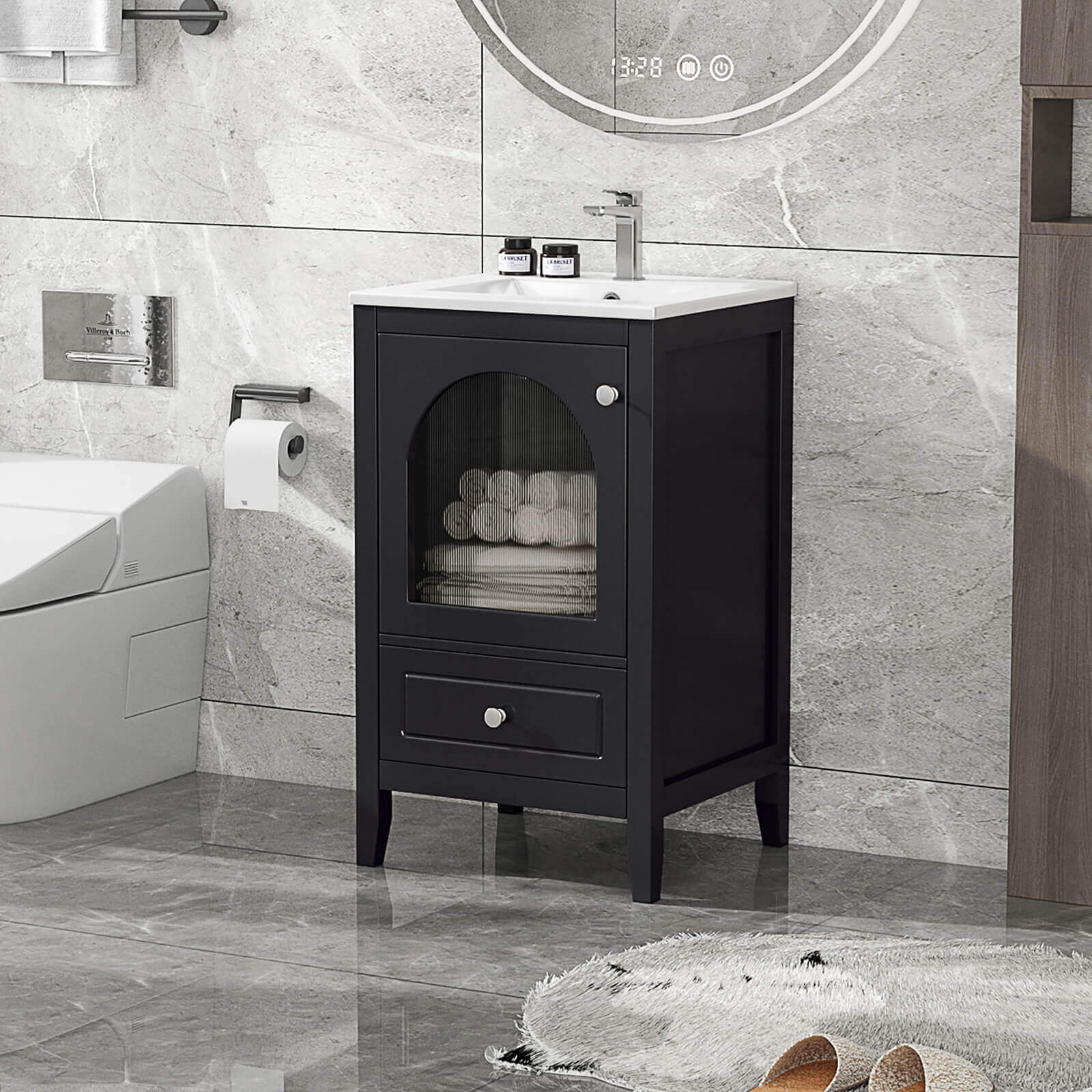 20 inch Black Bathroom Vanity with Clear Glass Door