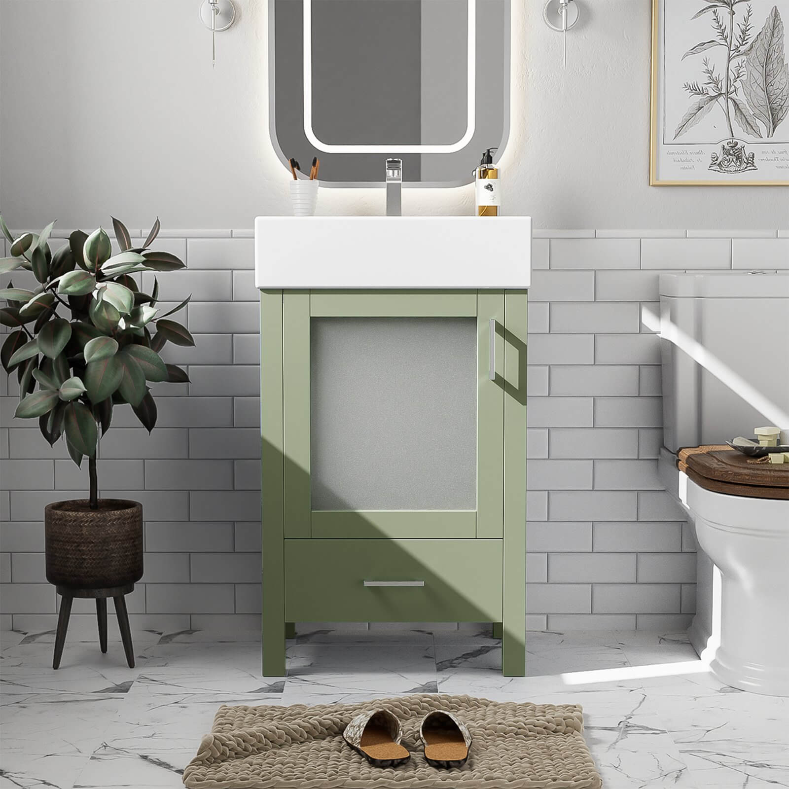 20 inch Green Vanity with Frosted Glass Door