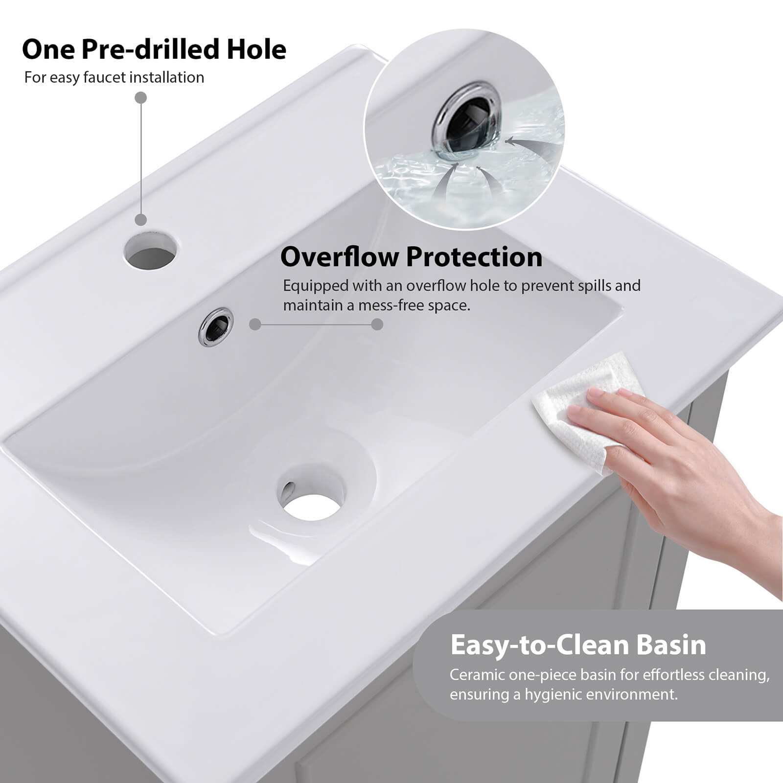 20 inch Grey Single Door Bathroom Vanity Unit Hole Details