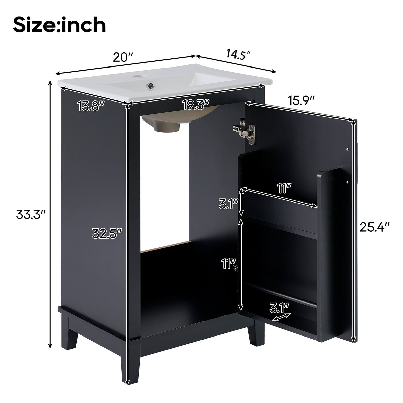 20 inch black single door bathroom vanity overall dimensions specification diagram
