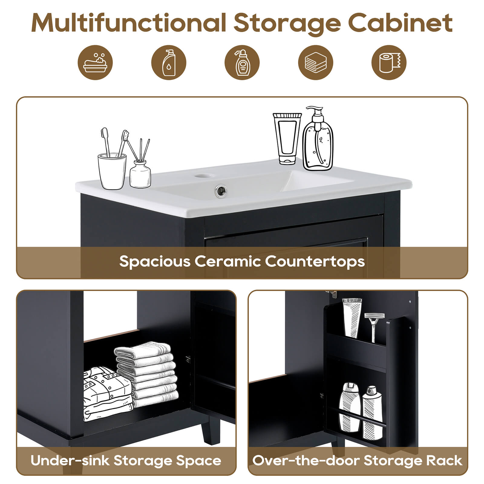 20 inch black single door bathroom vanity storage diagram