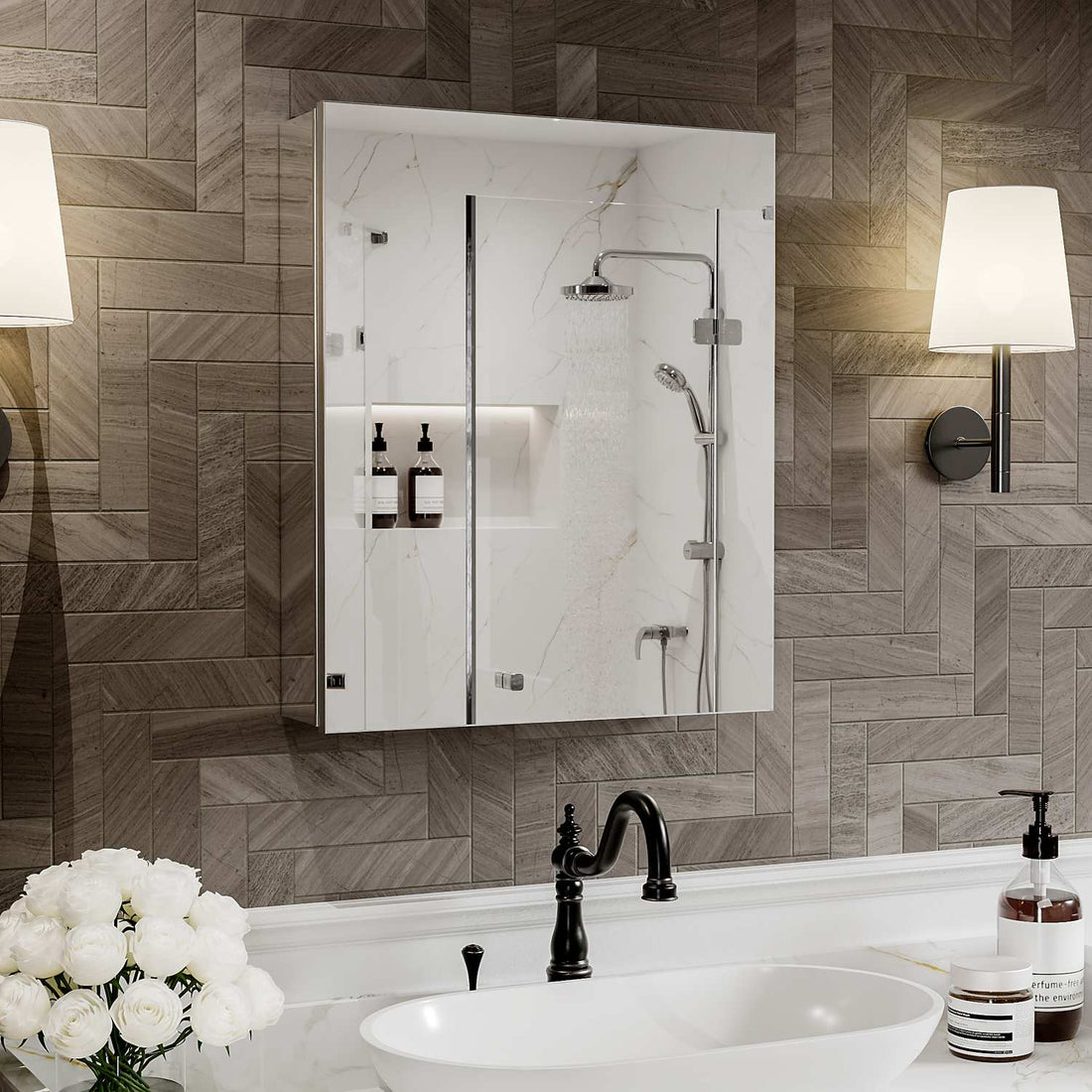 20 x 24-inch mirrored medicine cabinet on a patterned tile wall.