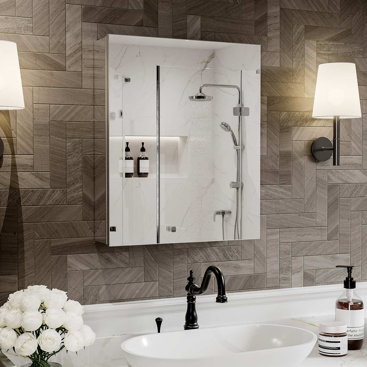 20 x 24-inch mirrored medicine cabinet on a patterned tile wall.