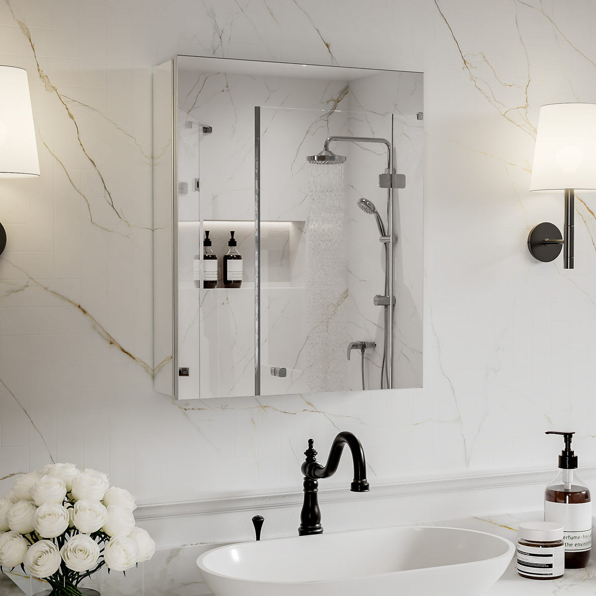 20 x 24-inch mirrored medicine cabinet above a sink on a white marble wall.