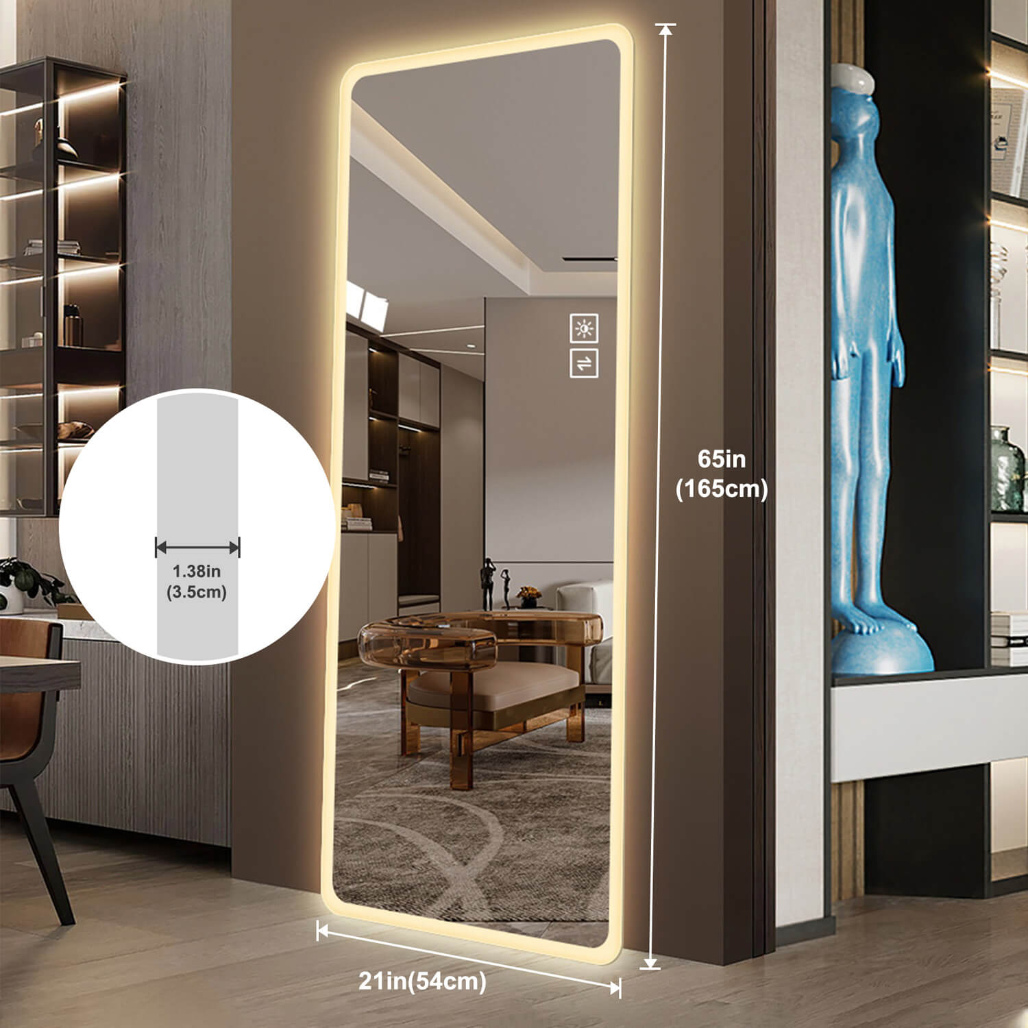 21 x 65 inches slim profile full length mirror with LED backlight