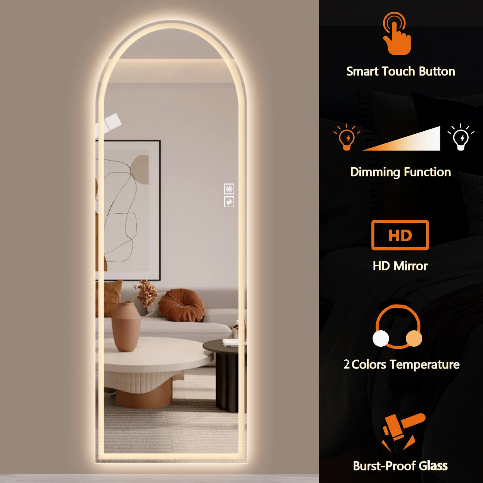 65"x21" Arch LED Bathroom Mirror with Anti-Fog, Dimmable Tri-Color Lights