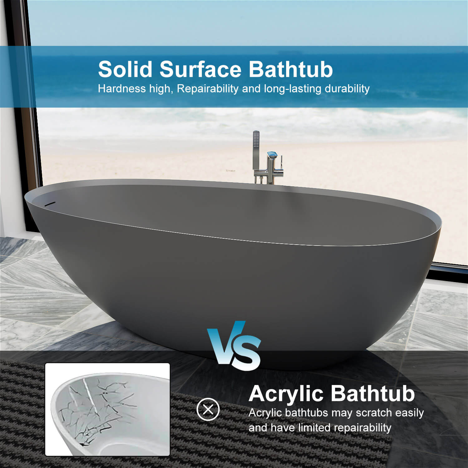 67'' Solid Surface Stone Resin Modern Egg Shaped Freestanding Soaking Bathtub with Overflow
