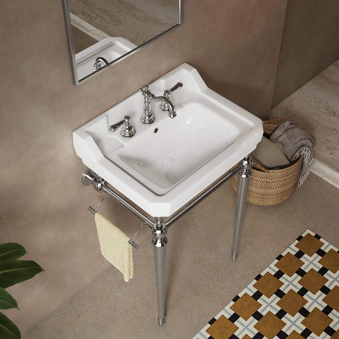 Overhead bathroom view of a 23-inch white ceramic console sink with chrome legs and a side towel bar.