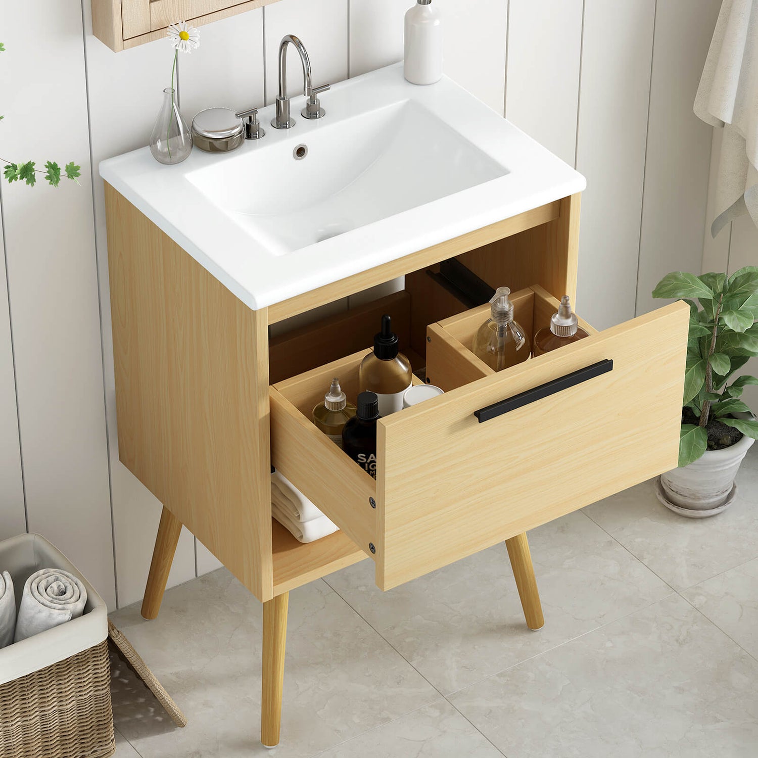 24 Inch Scandinavian Bathroom Vanity with Open Storage for Modern Bathrooms