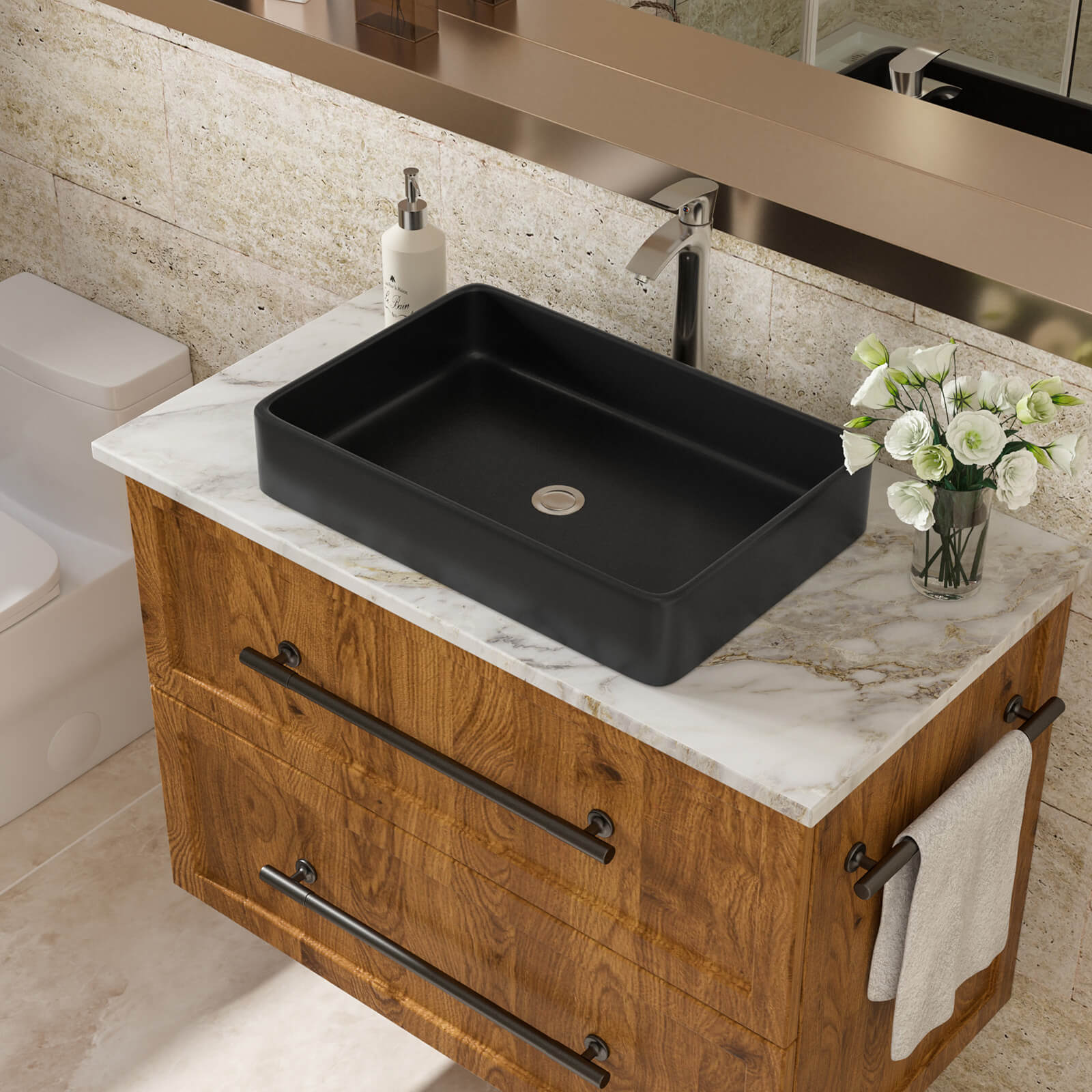 24 inch rectangular black vessel sink on wooden vanity