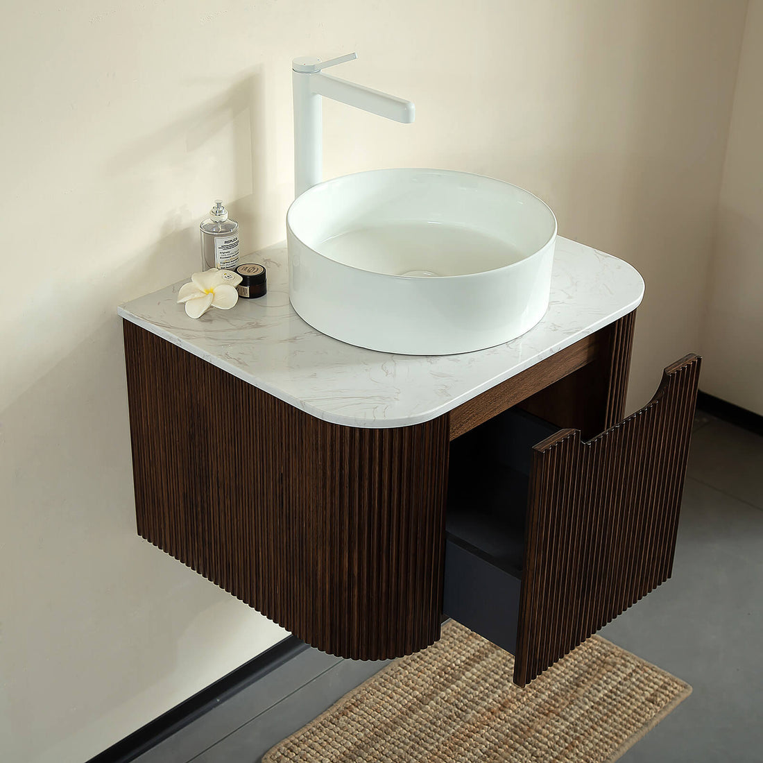 24 inch walnut floating vanity with vessel sink