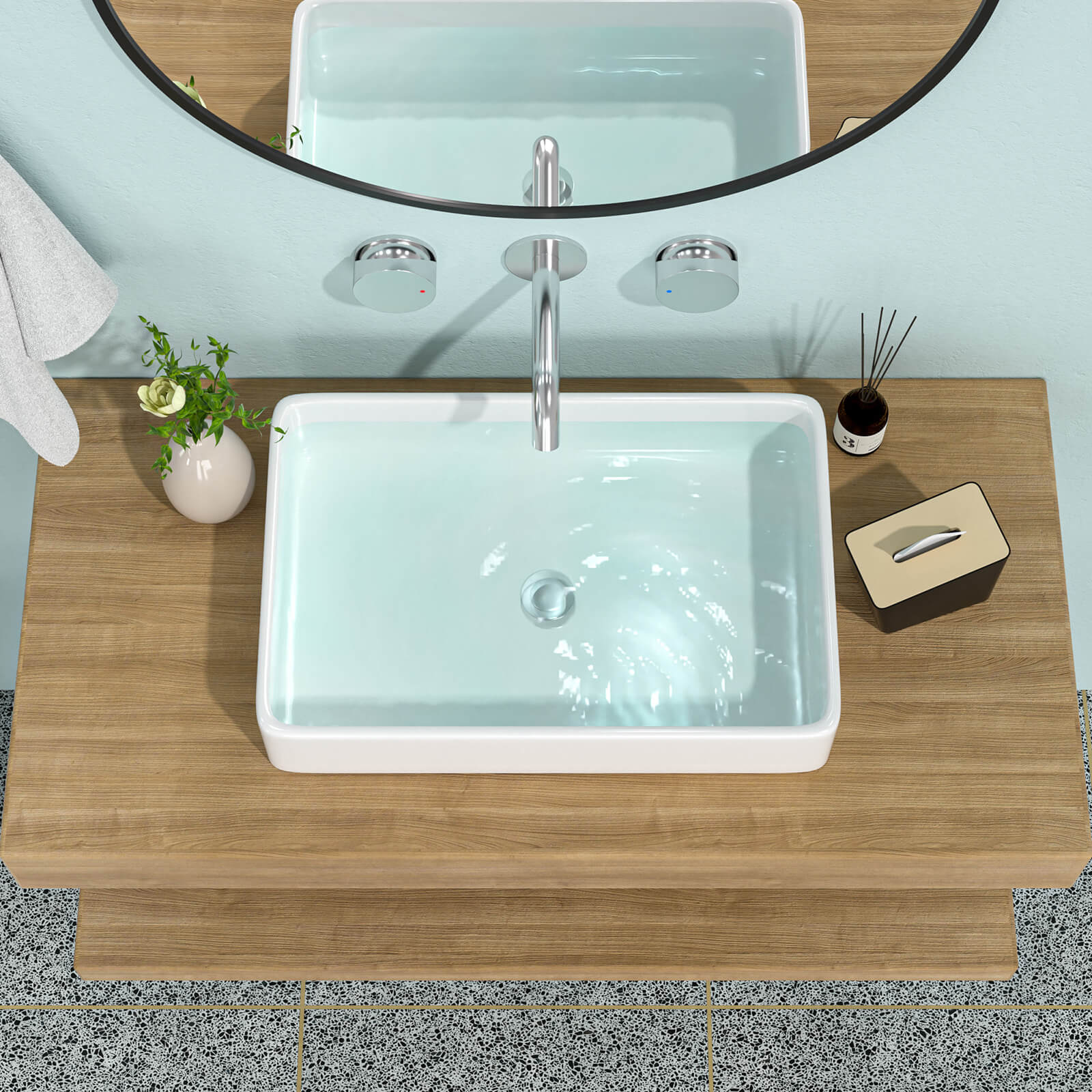 24 inch white ceramic above counter bathroom sink on vanity