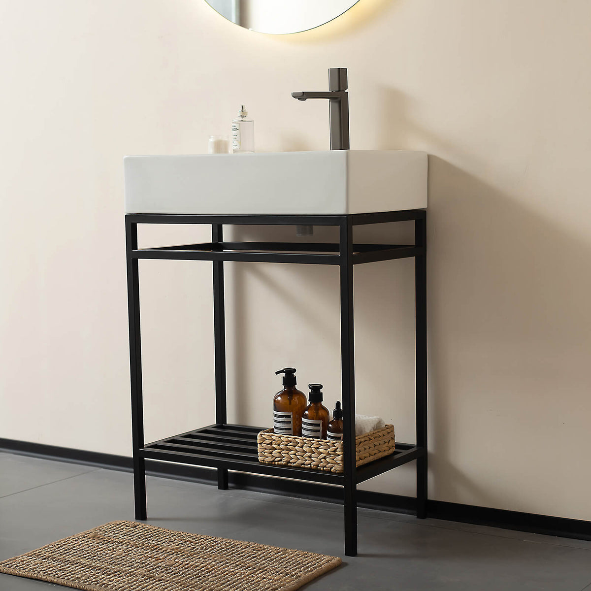 24 inch white ceramic sink with towel bar and open shelf
