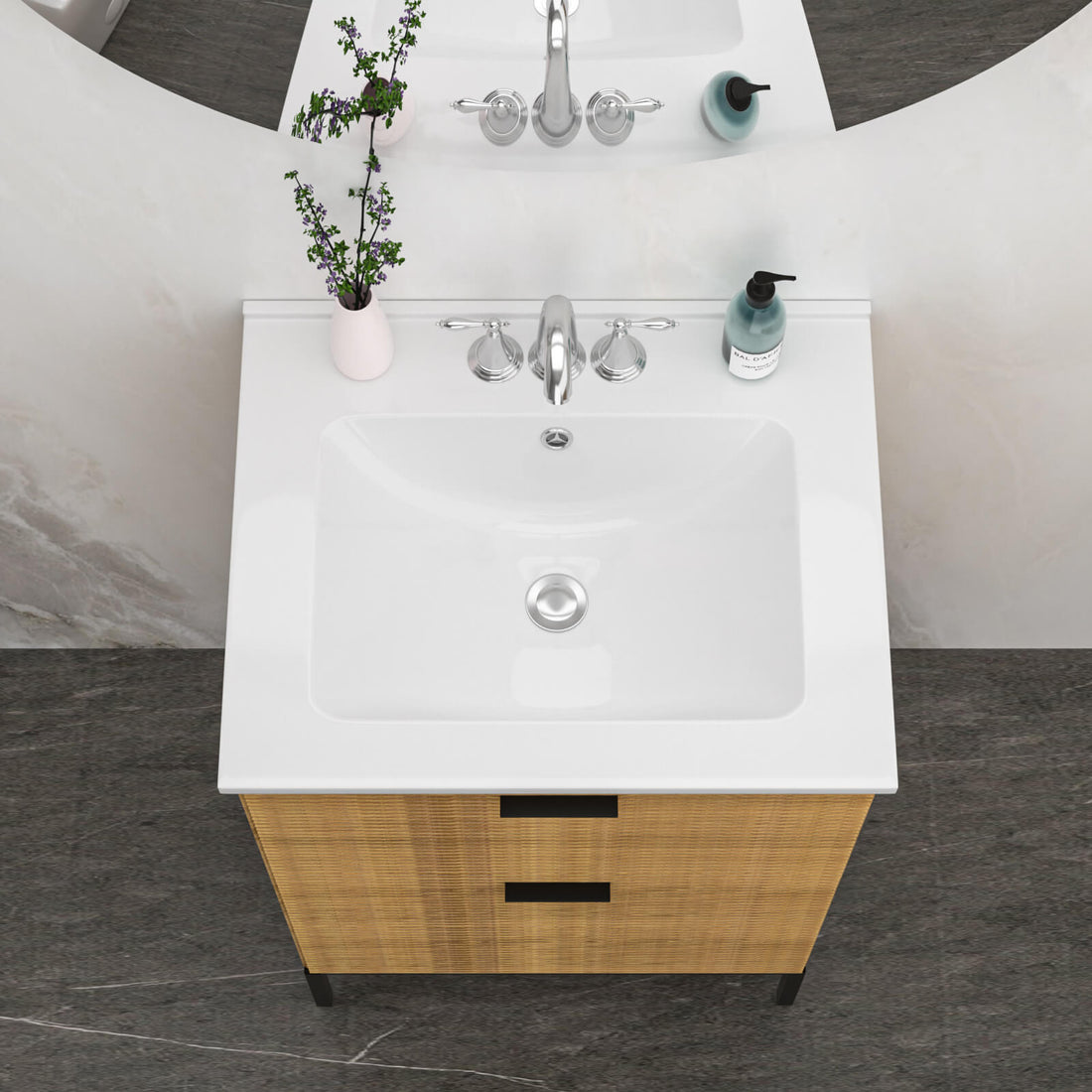 24 inch white integrated bathroom sink with three faucet holes