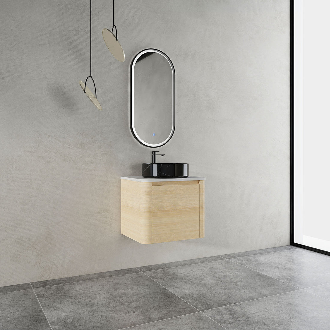 24-inch White Oak Bathroom Vanity with Black Marble Texture Ceramic Vessel Sink