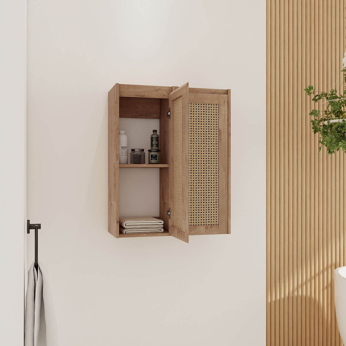 24-inch White Oak Bathroom Wall Cabinet with Rattan Door and Shelves
