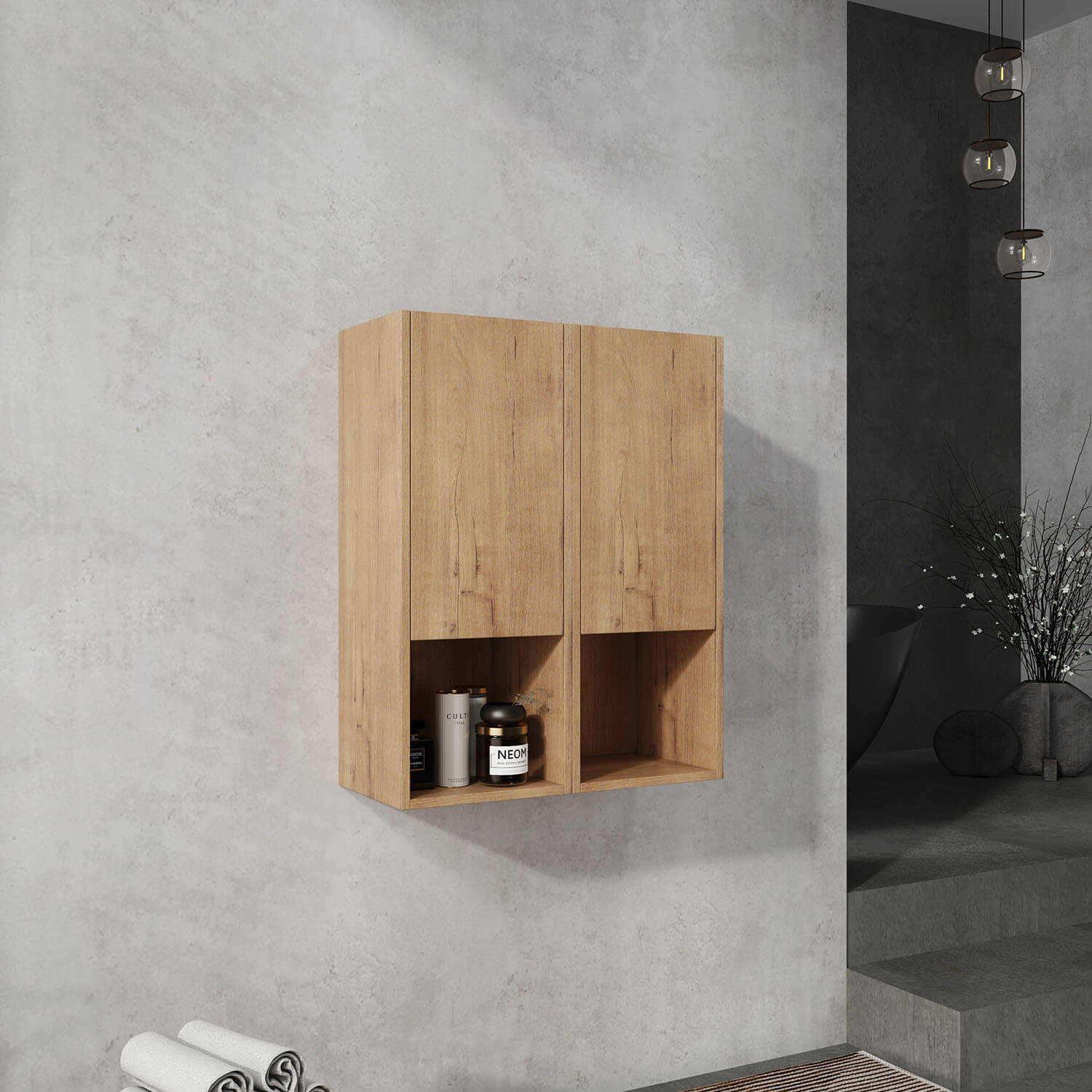24-inch White Oak Bathroom Wall Cabinet with Soft Close Doors and Open Shelves