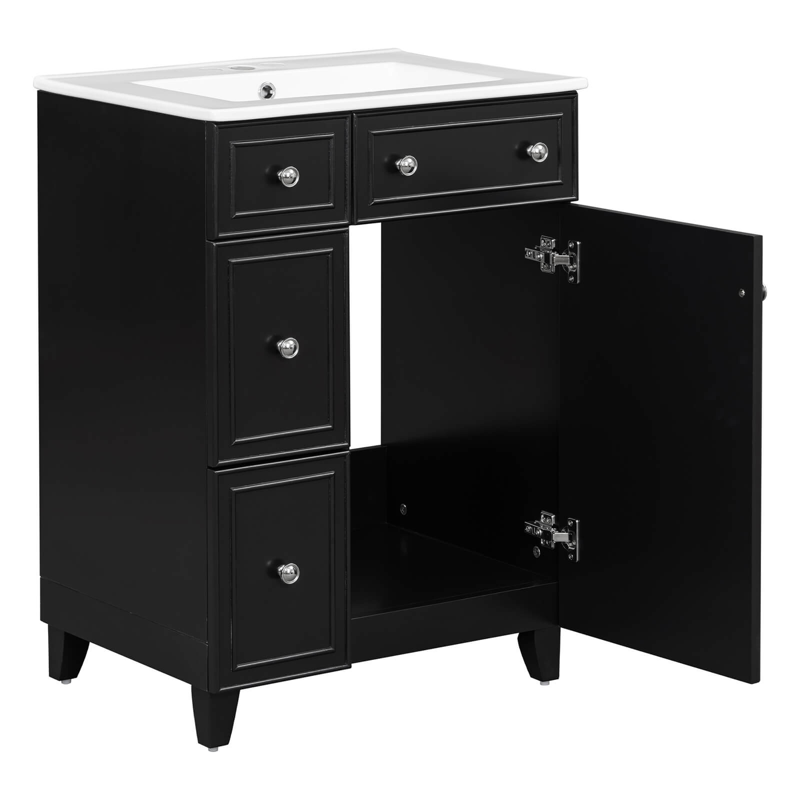 24-inch black bathroom vanity featuring a high-gloss ceramic sink for easy cleaning
