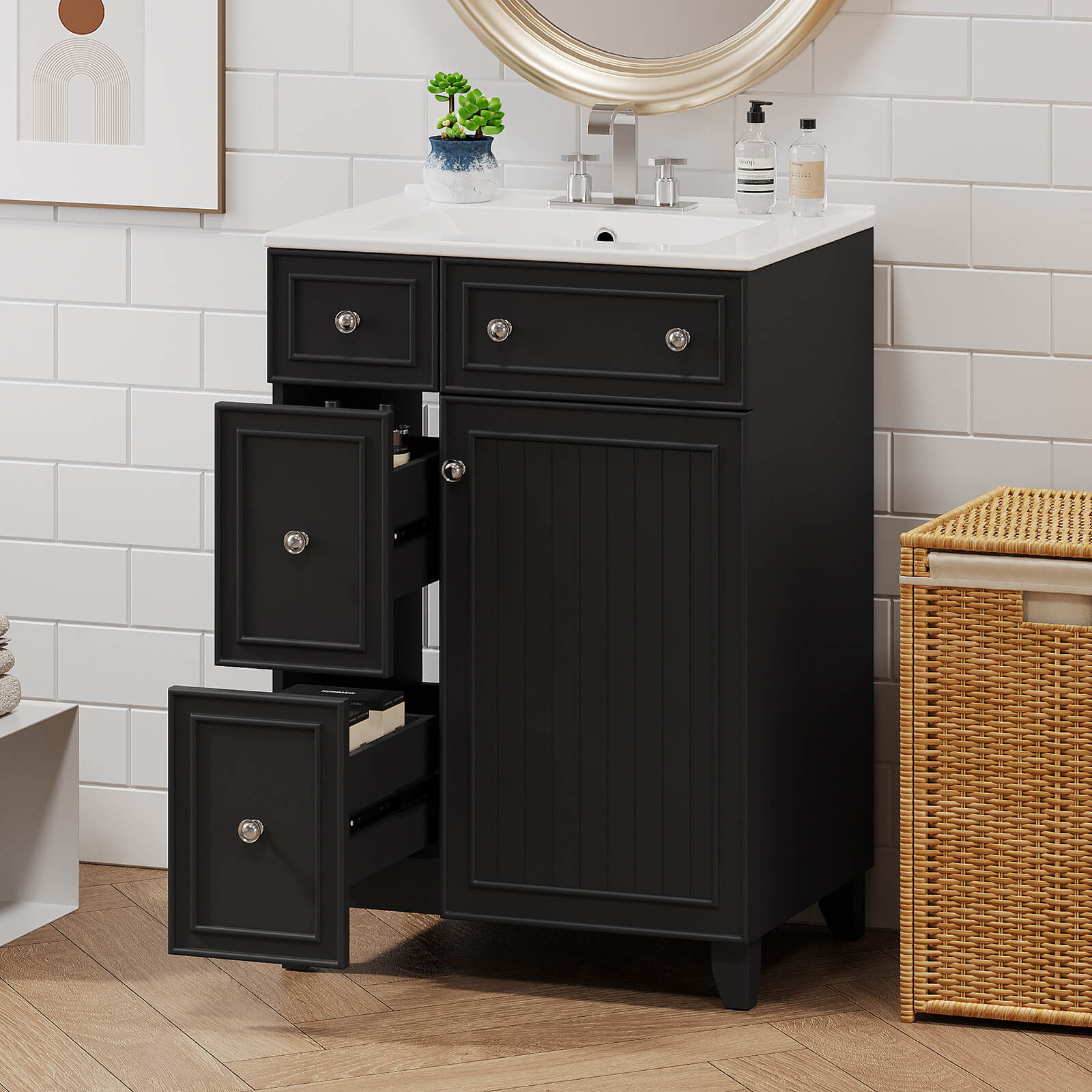 24-inch compact black bathroom vanity providing both style and practicality