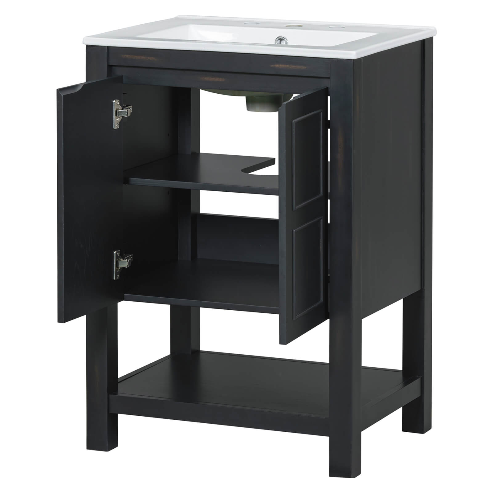 24-inch freestanding vanity with handcrafted antique finish and adjustable storage